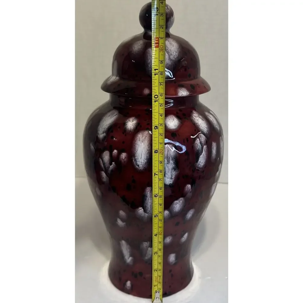 Handmade‎ Red White Drip Glaze Ceramic Ginger Jar Vase with Lid 13.5